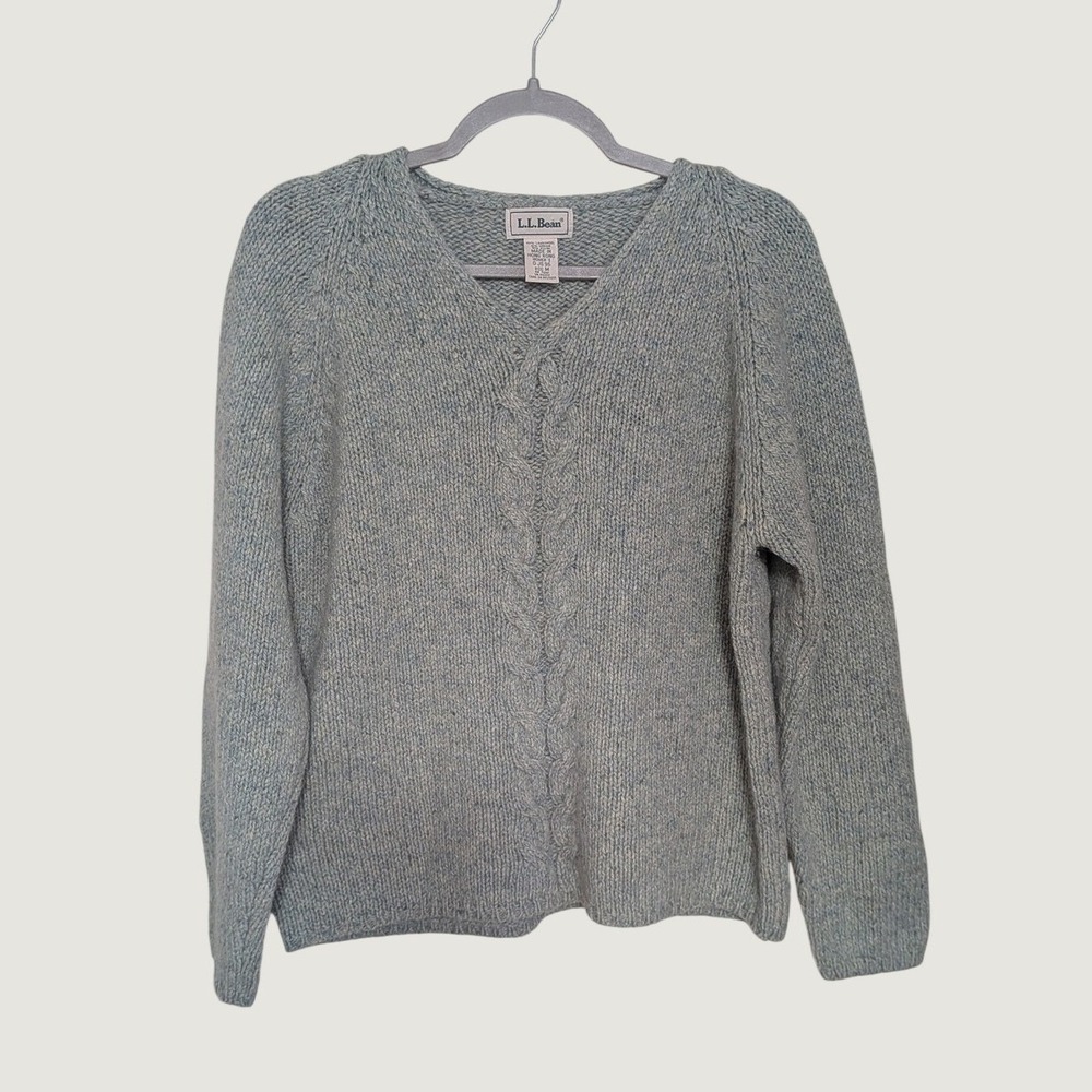 LL Bean Vintage Lambswool Mohair V-Neck Cable Knit Sweater Light Blue Womens M